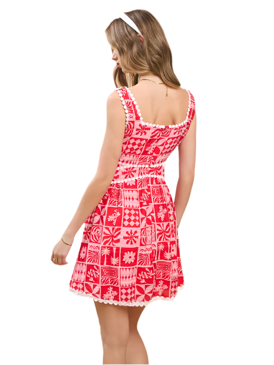 Abstract Print Mini Dress- Red