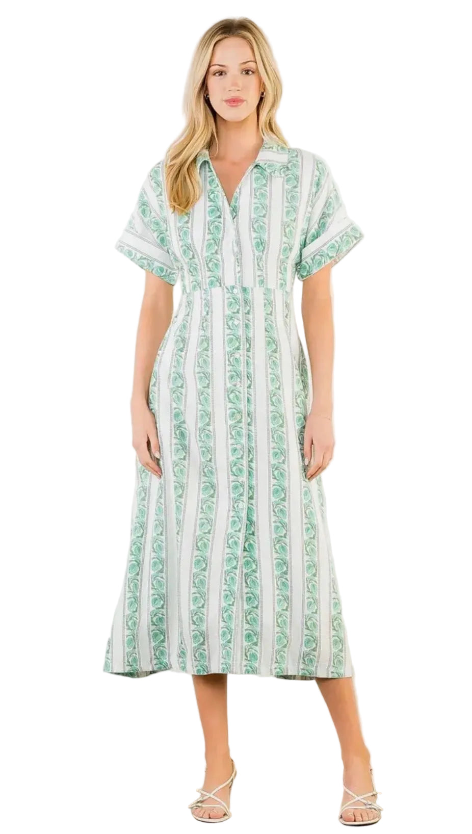 Short Sleeve Printed Button Down Dress- Green