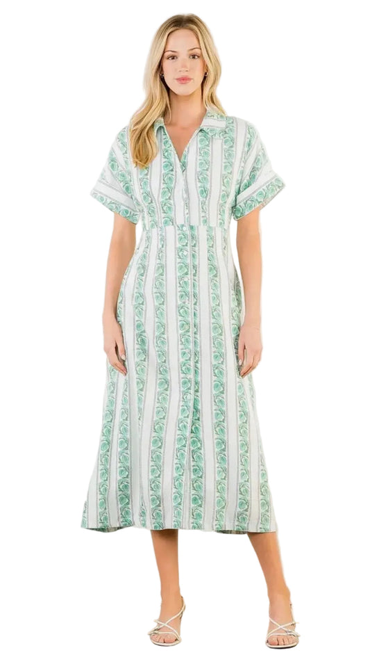Short Sleeve Printed Button Down Dress- Green