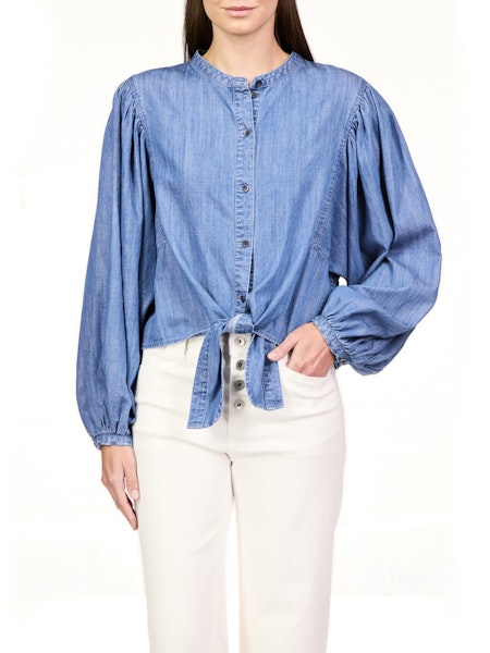 Tie Front Volume Blouse- Blue Slate