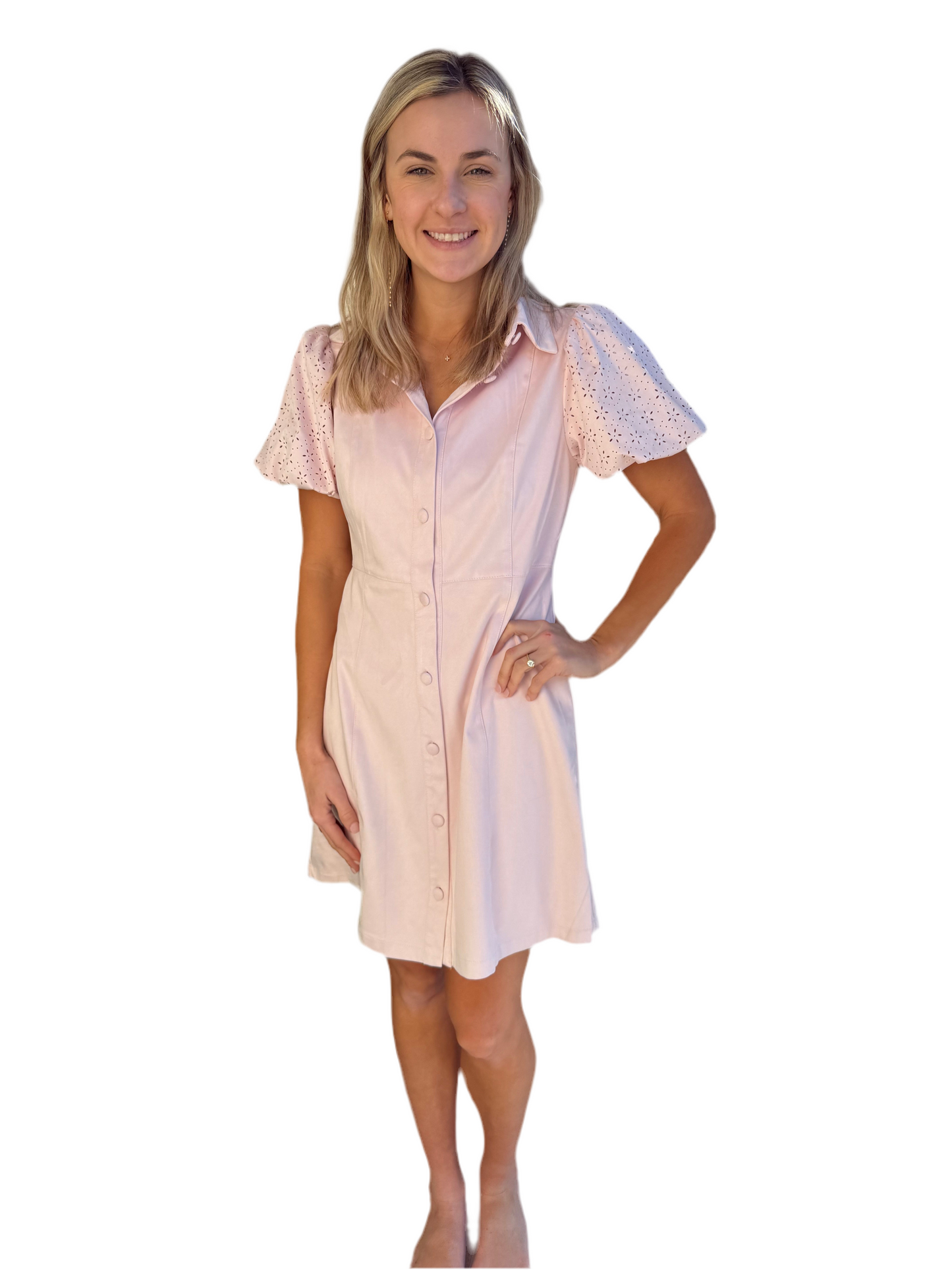 Faux Suede Short Sleeve Dress- Shell Pink