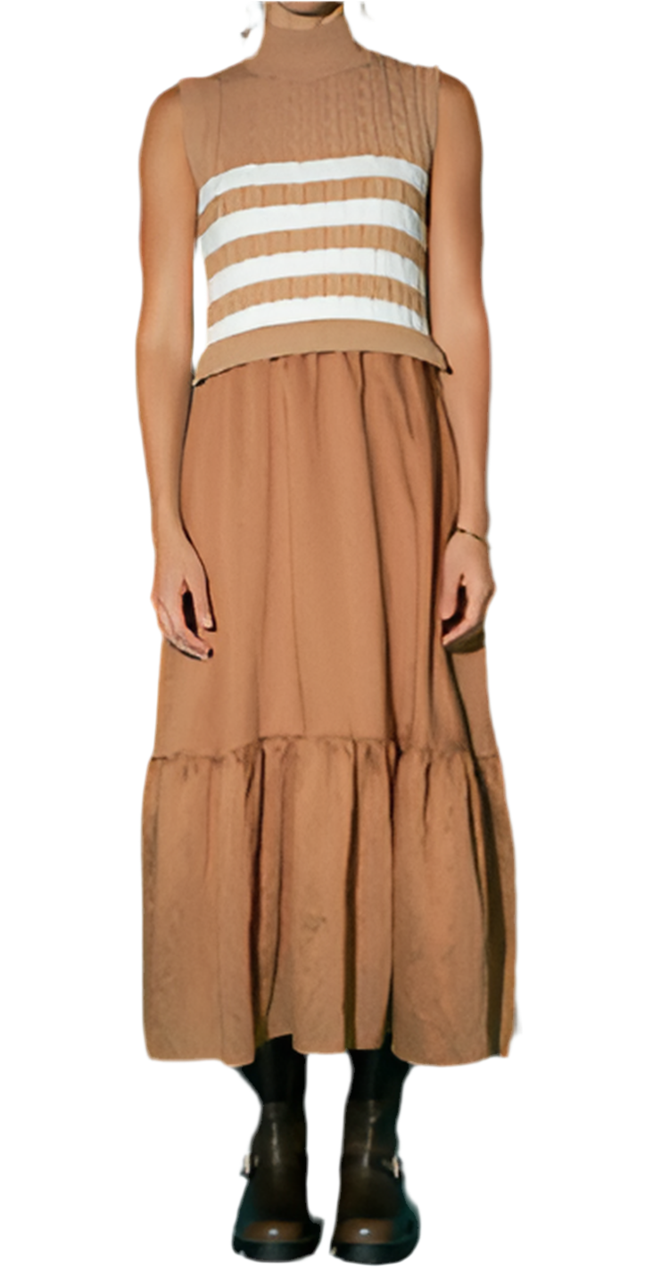 Mock Neck Sleeveless Mix Media dress- Camel