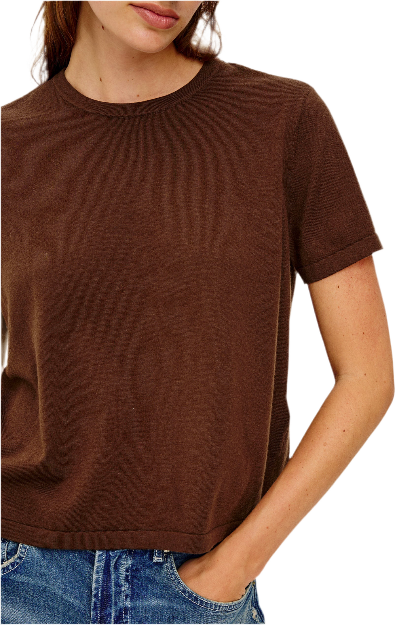 Cotton Cashmere Short Sleeve Sweater- Espresso