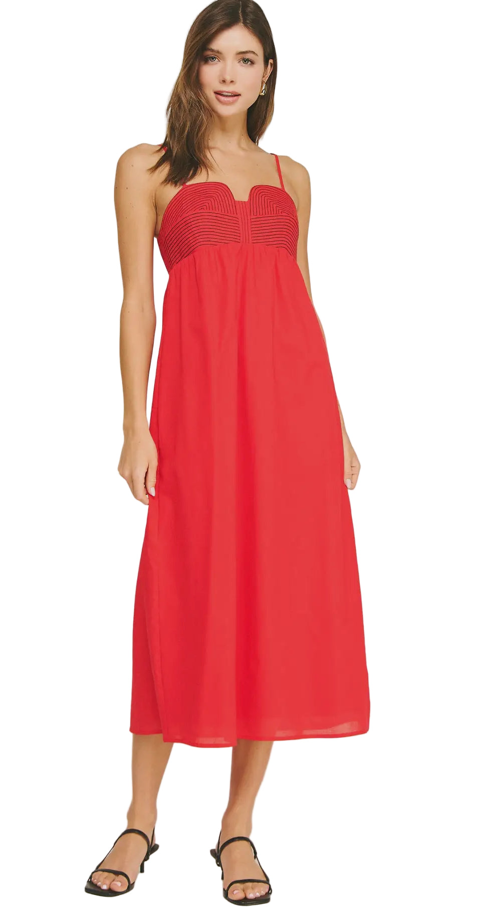 Top Stitch Bustier Linen Midi Dress-Red