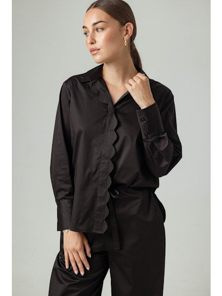 Coral Scalloped Button Down Shirt- Black