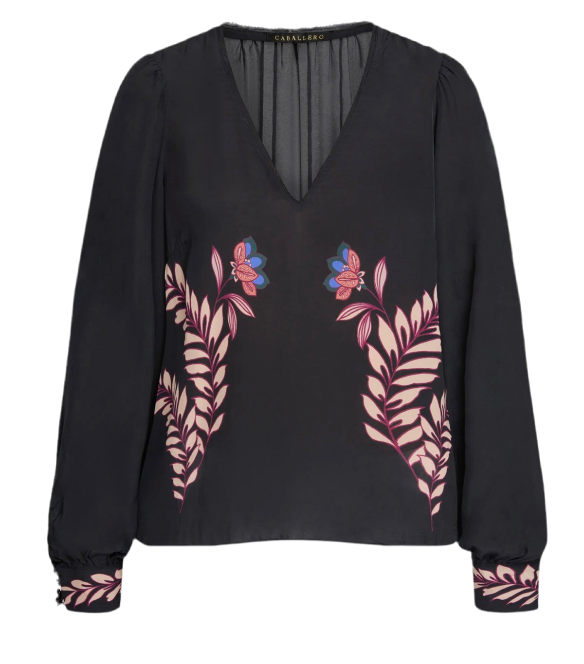 Close-up of Dark Orchard print on Ruby Top – detailed shot emphasizing the cascading leaves and bold accents.