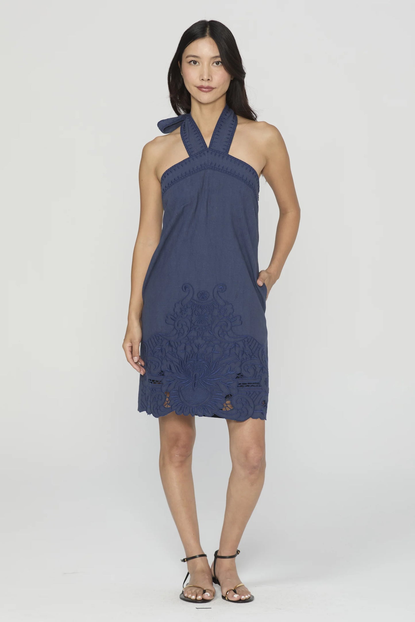 Dancia Embroidered Halter Mini Dress- Navy