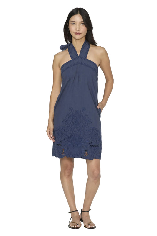 Dancia Embroidered Halter Mini Dress- Navy