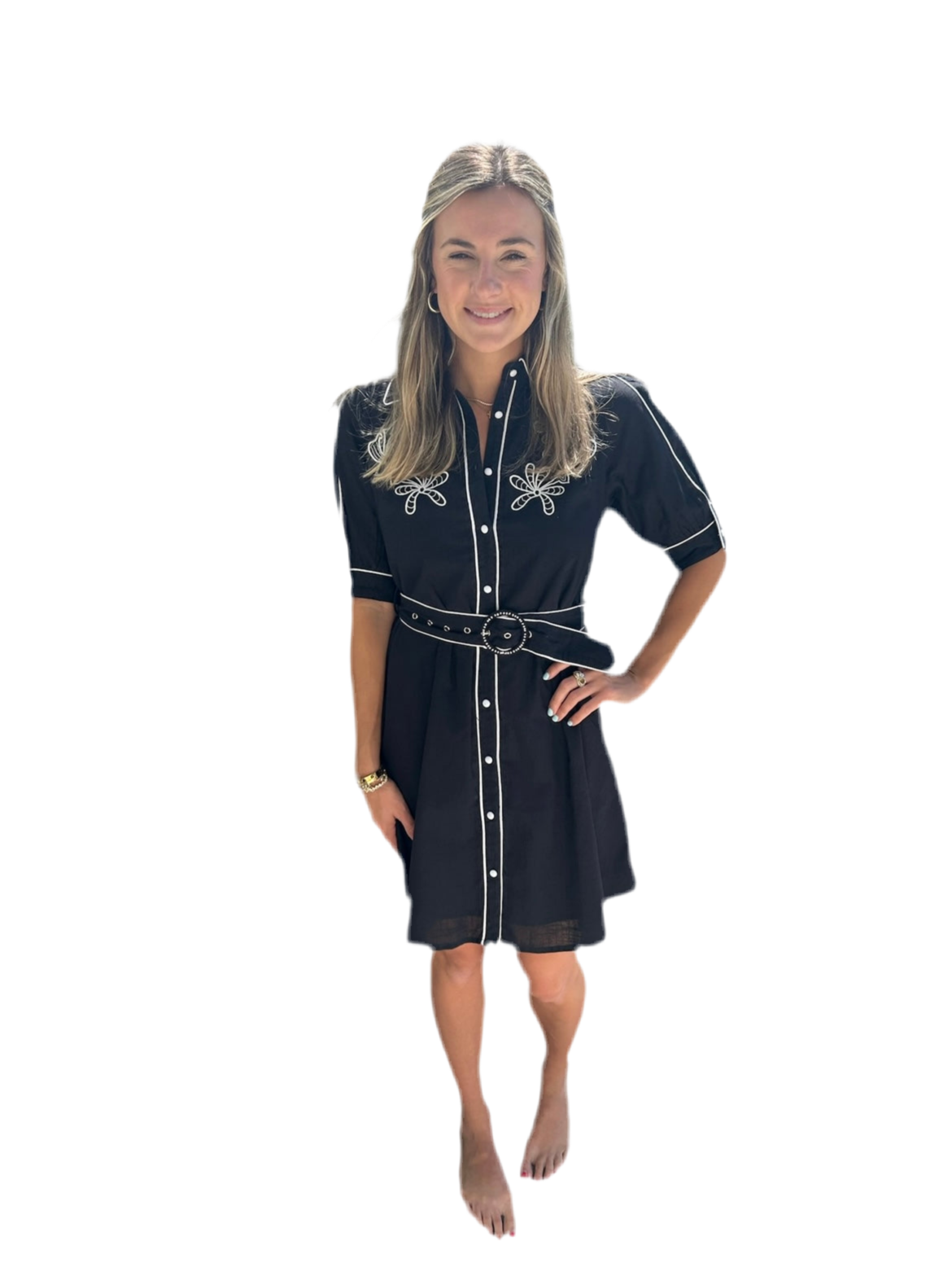 Embroidered Mini Shirt Dress- Black