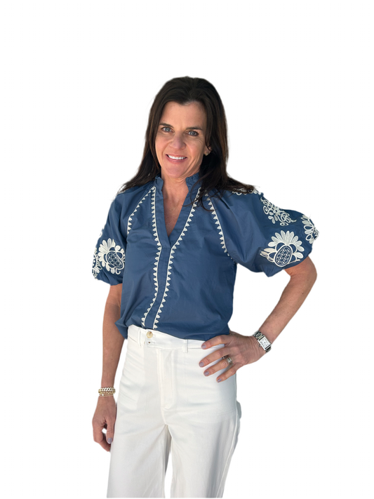 Embroidered Balloon Shirt Sleeve Top- Blue