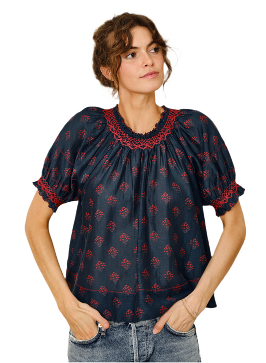 Lindi Smocked Sleeve Top- Indigo