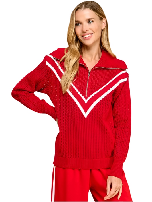 Chevron Knit big Collar Sweater- Red