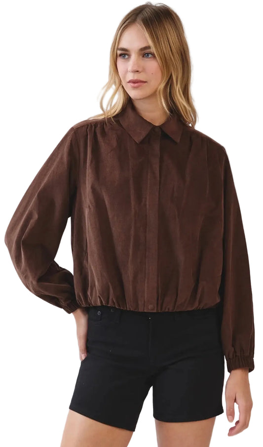 Corduroy Zip-Up Collar Jacket- Espresso