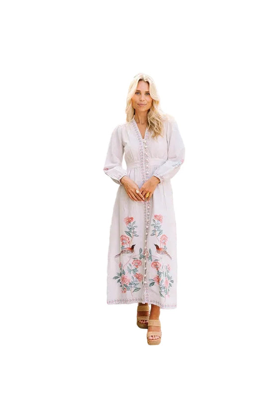 Solene Balloon Sleeve Midi Dress- Gardenia