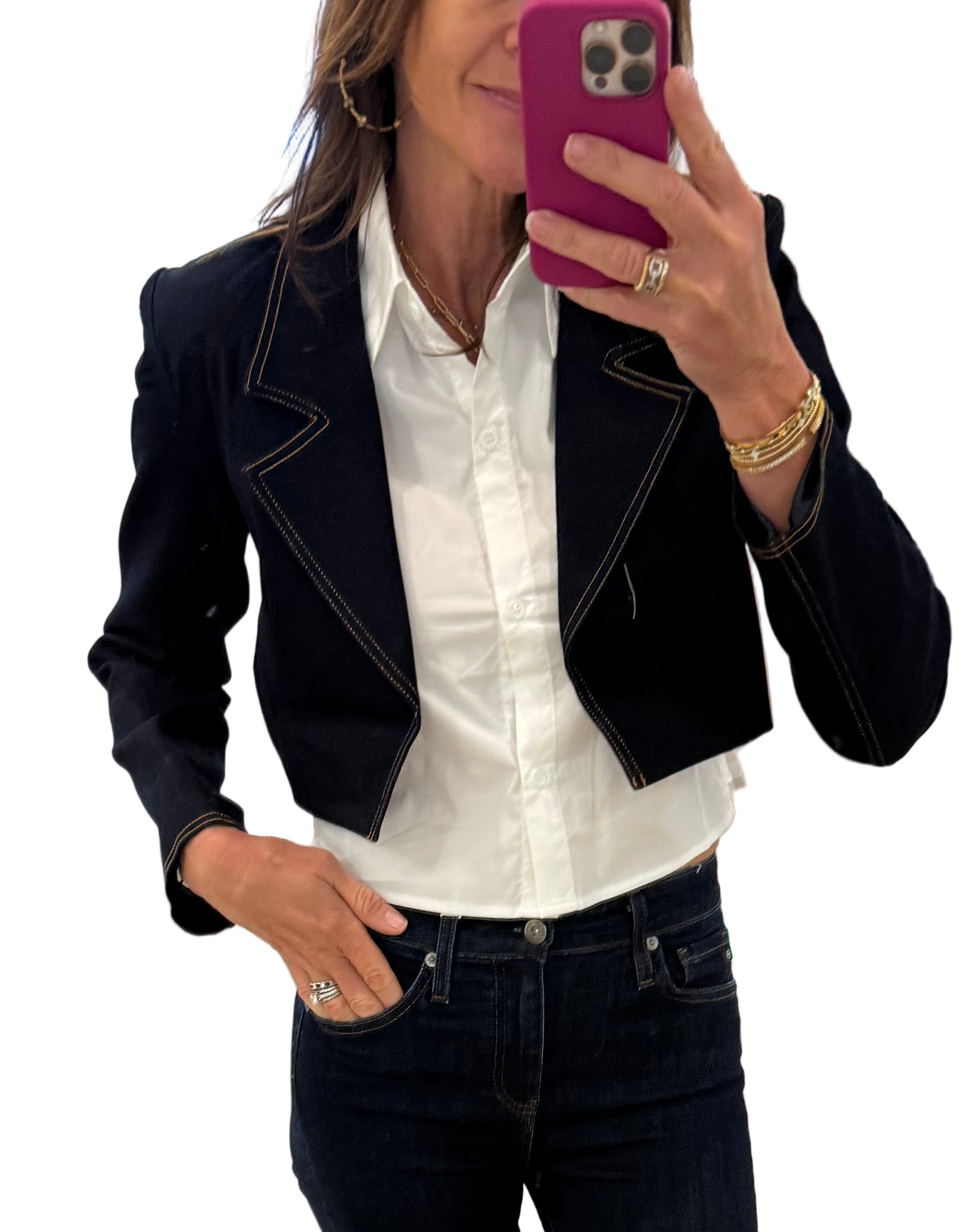 Donita Jacket in Dark Wash — button-front denim jacket front view.