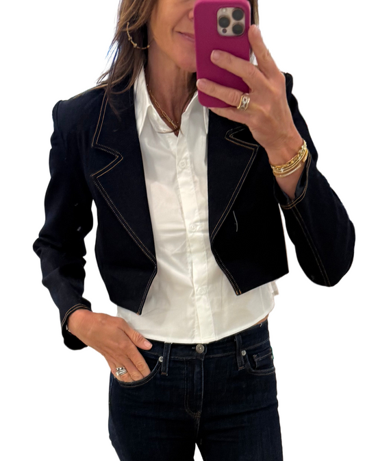 Donita Jacket in Dark Wash — button-front denim jacket front view.