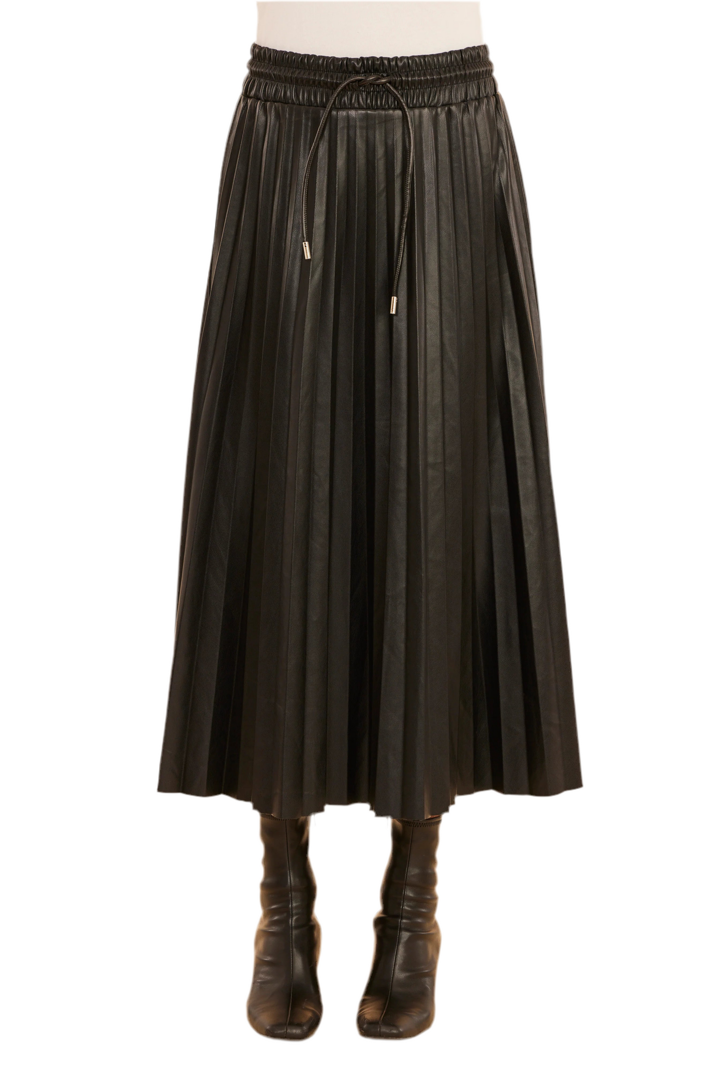 Drawstring Pleated Midi Skirt- Black