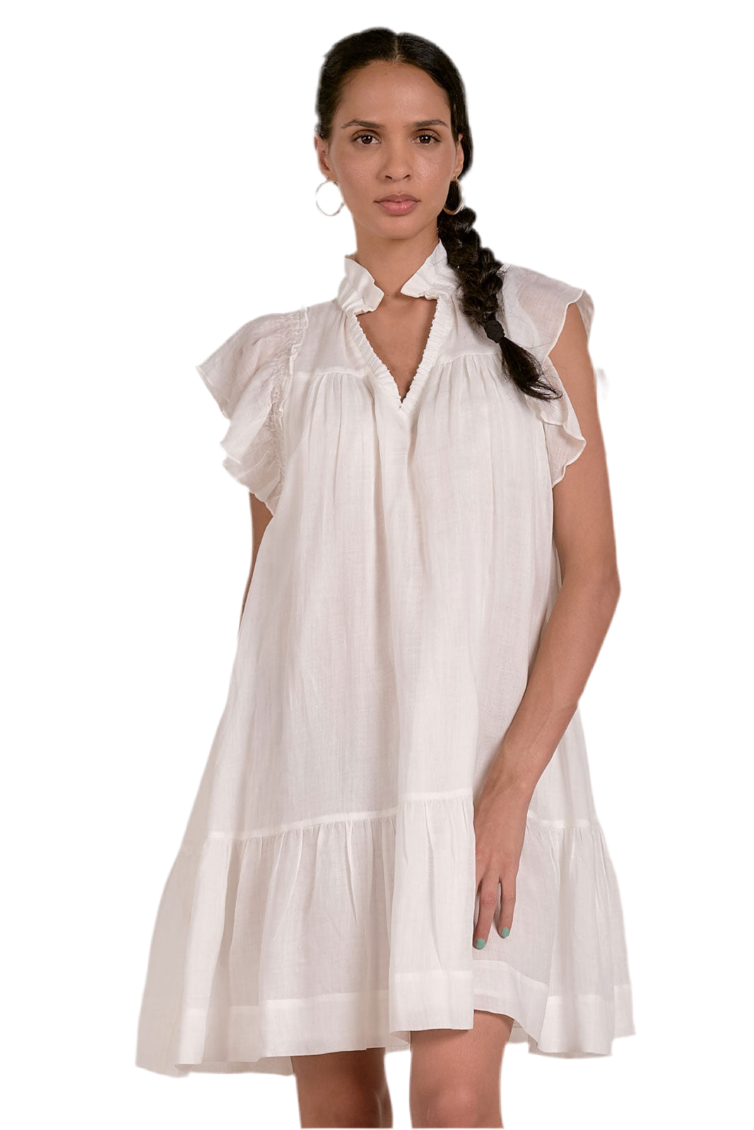 Flutter Sleeve Dropwaist Dress- White