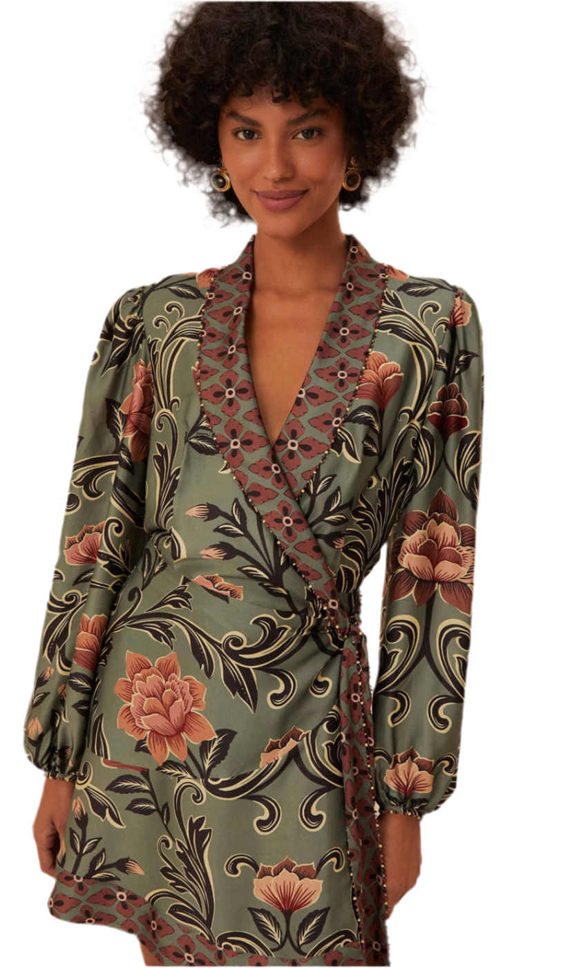 Arabeque Floral Green Long Sleeve Mini Dress