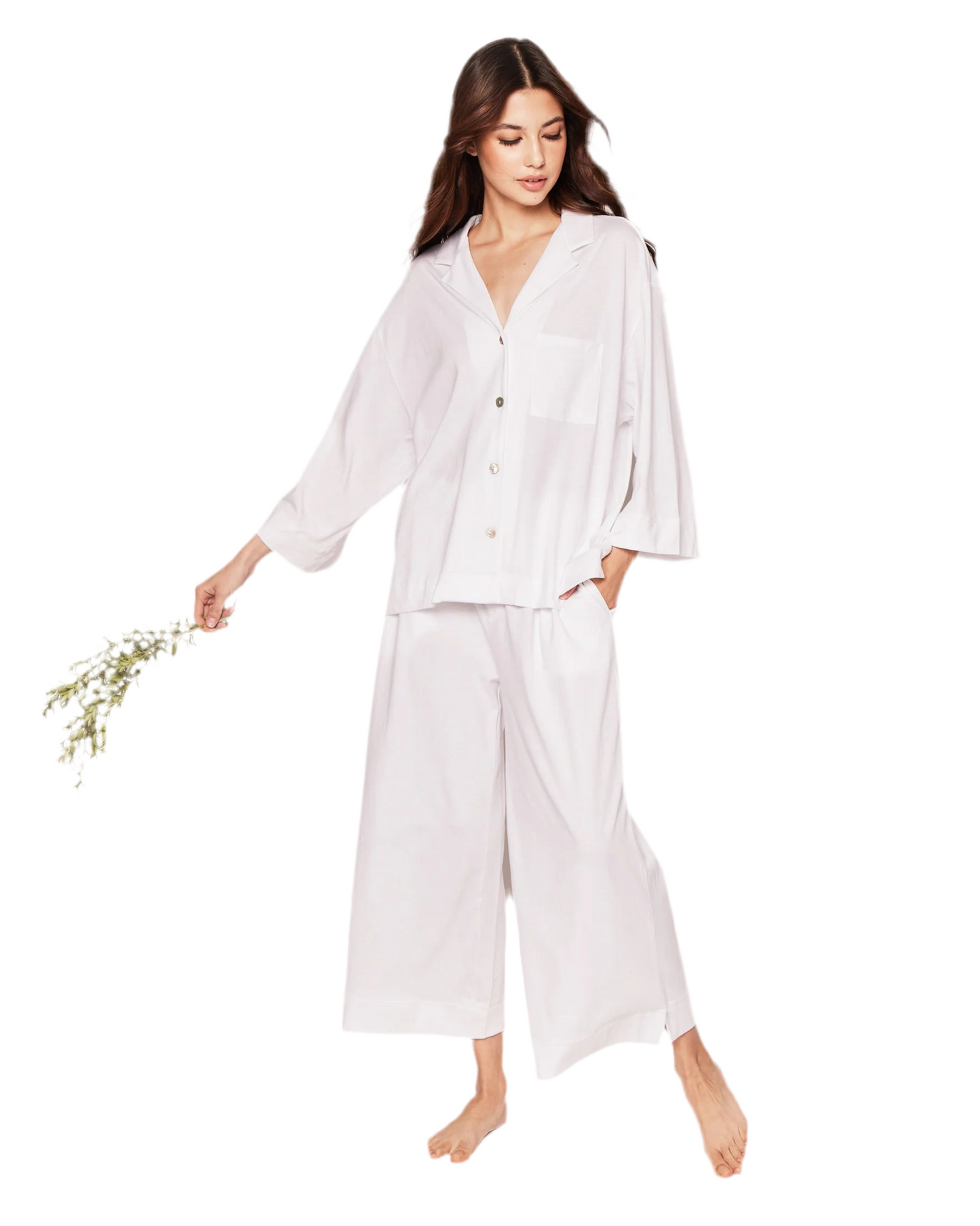 Olivia Wide Leg Pima Pajama Set- White