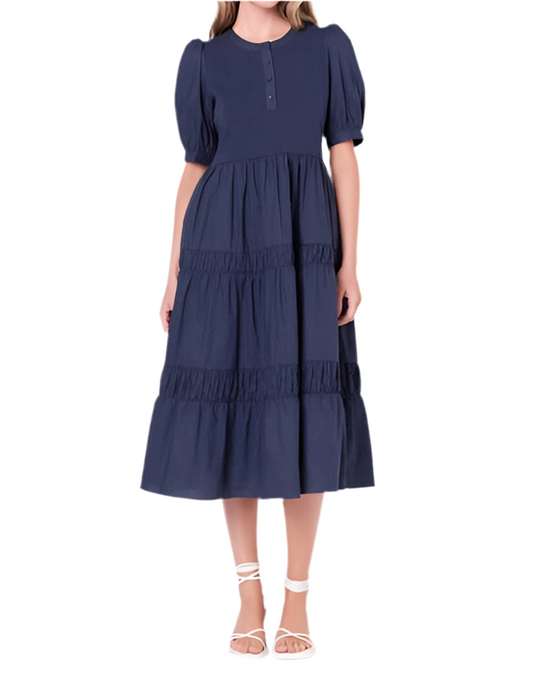 Mixed Media Midi Dress- Navy