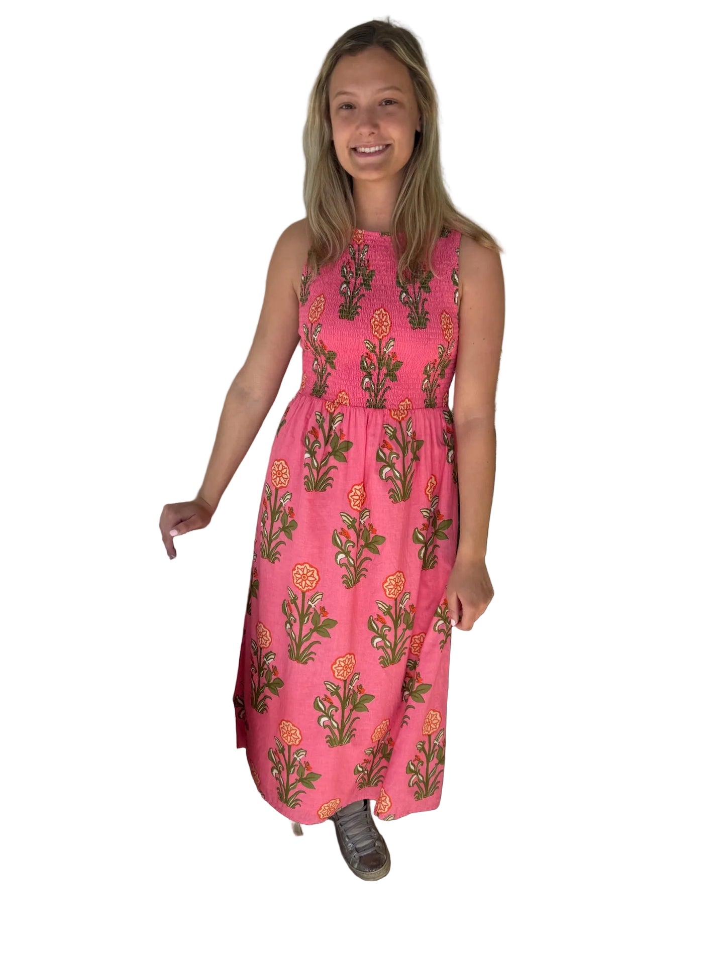 Sleeveless Smocked Pattern Midi Dress-Pink