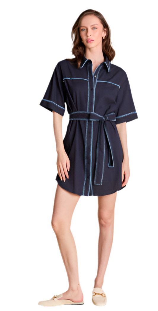 Stitch Detailed Shirt Mini Dress- Navy