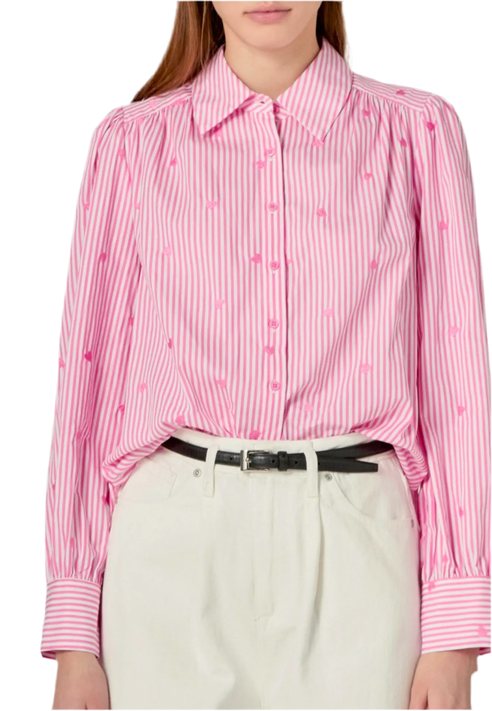 Heart Embroidered Stripe Button Down Shirt