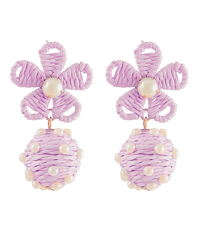 Stationed Pearl and Raffia Ball Drop Earring- Lavender