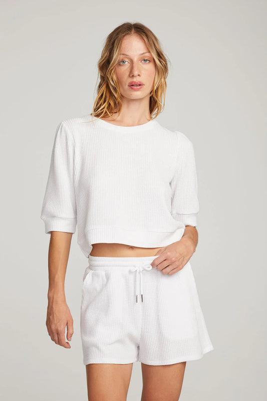 Two Tone Waffle Elyse Pullover-White