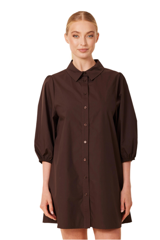 Poplin Exaggerated Sleeve Dress- Brown