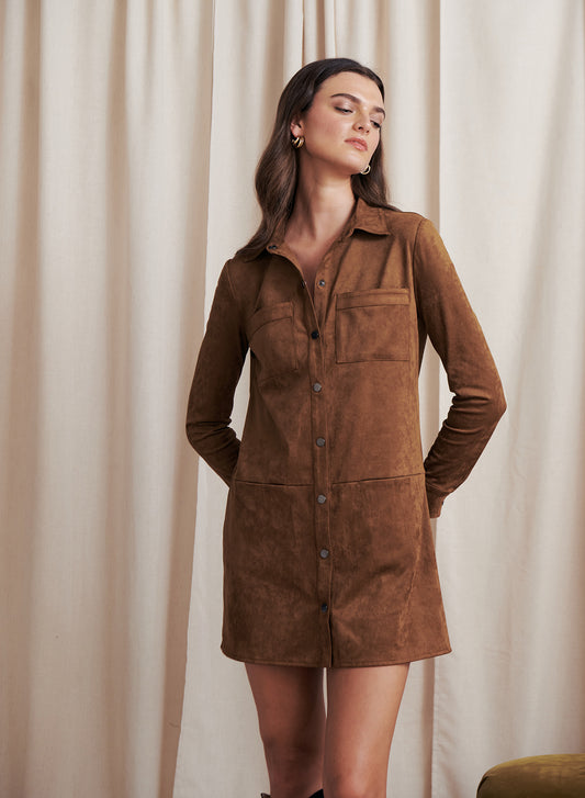 Kingston Long Sleeve Suede Dress- Taupe