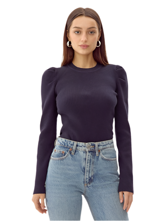 Felina Puff Sleeve Ribbed Top- Navy