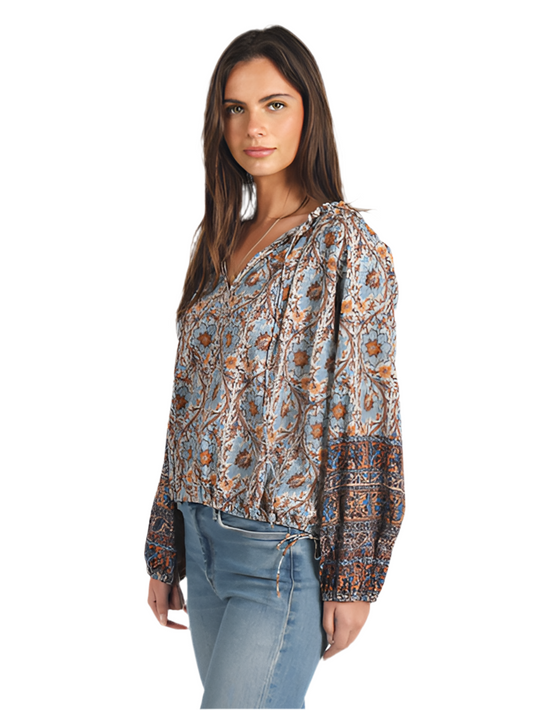 Talia Printed Blouse- Denim/Brown