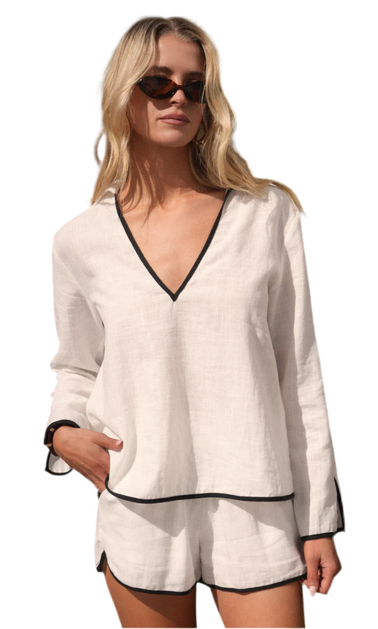 Beverly Linen Split Neck Collar Shirt- White