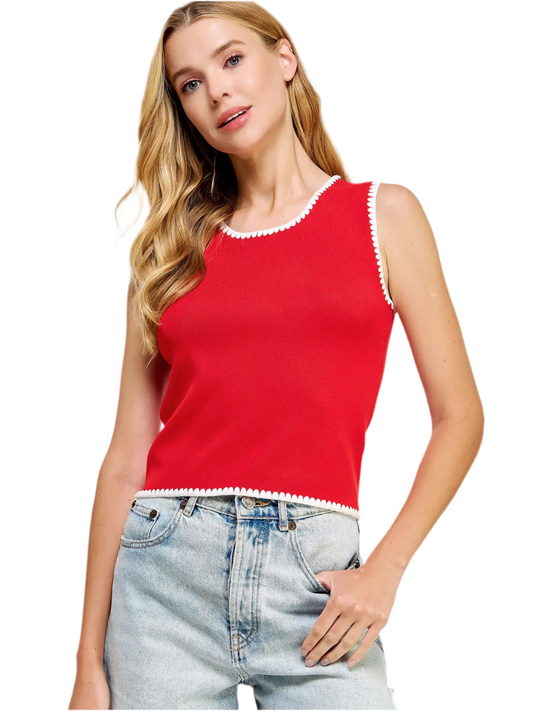 Embroidered Knit Tank- Red/White