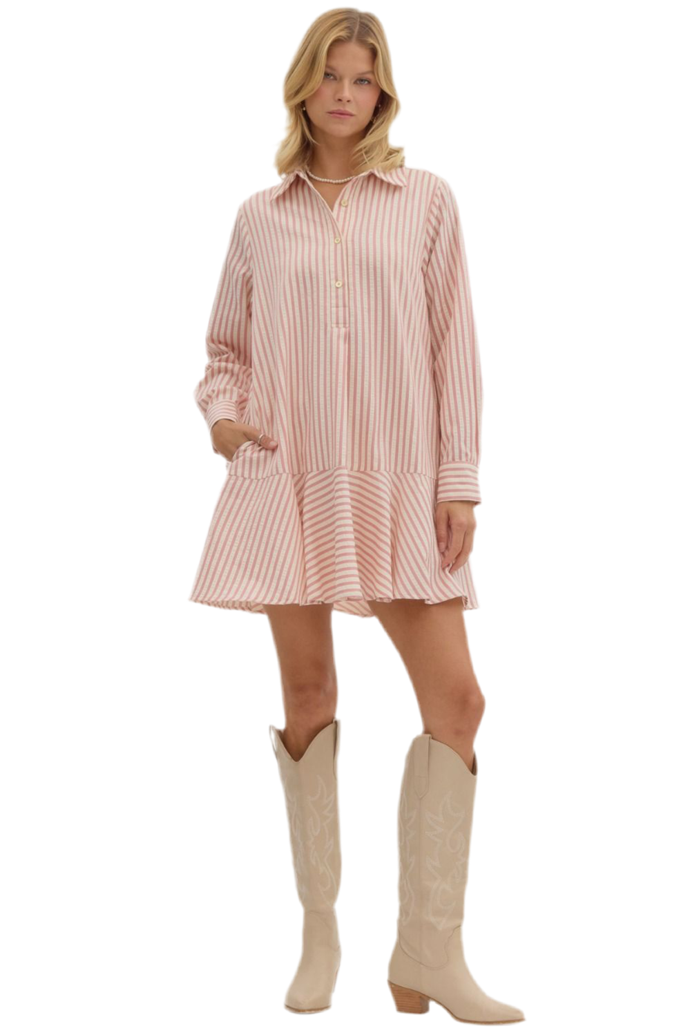 Striped Dropwaist Mini Dress- Pink