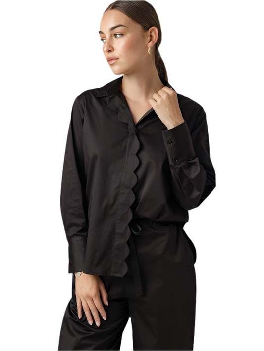 Coral Scalloped Button Down Shirt- Black