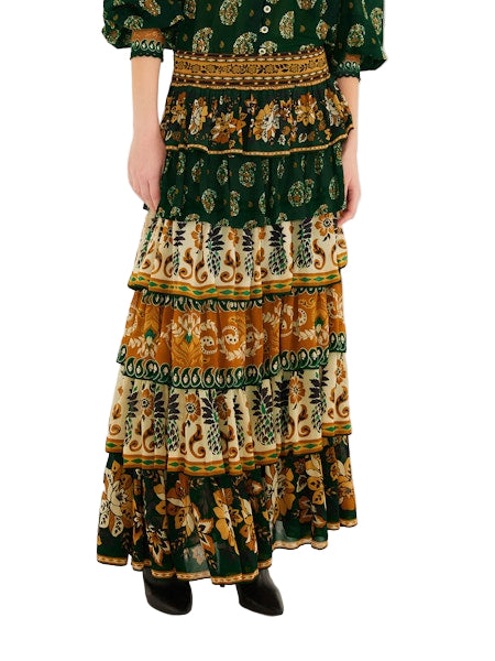 FARM Rio Ayla Green Mixed Scarves Layered Maxi Skirt front view