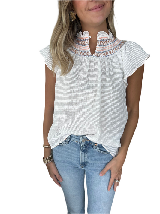 White Flutter Sleeve Top- Embroidered Neckline