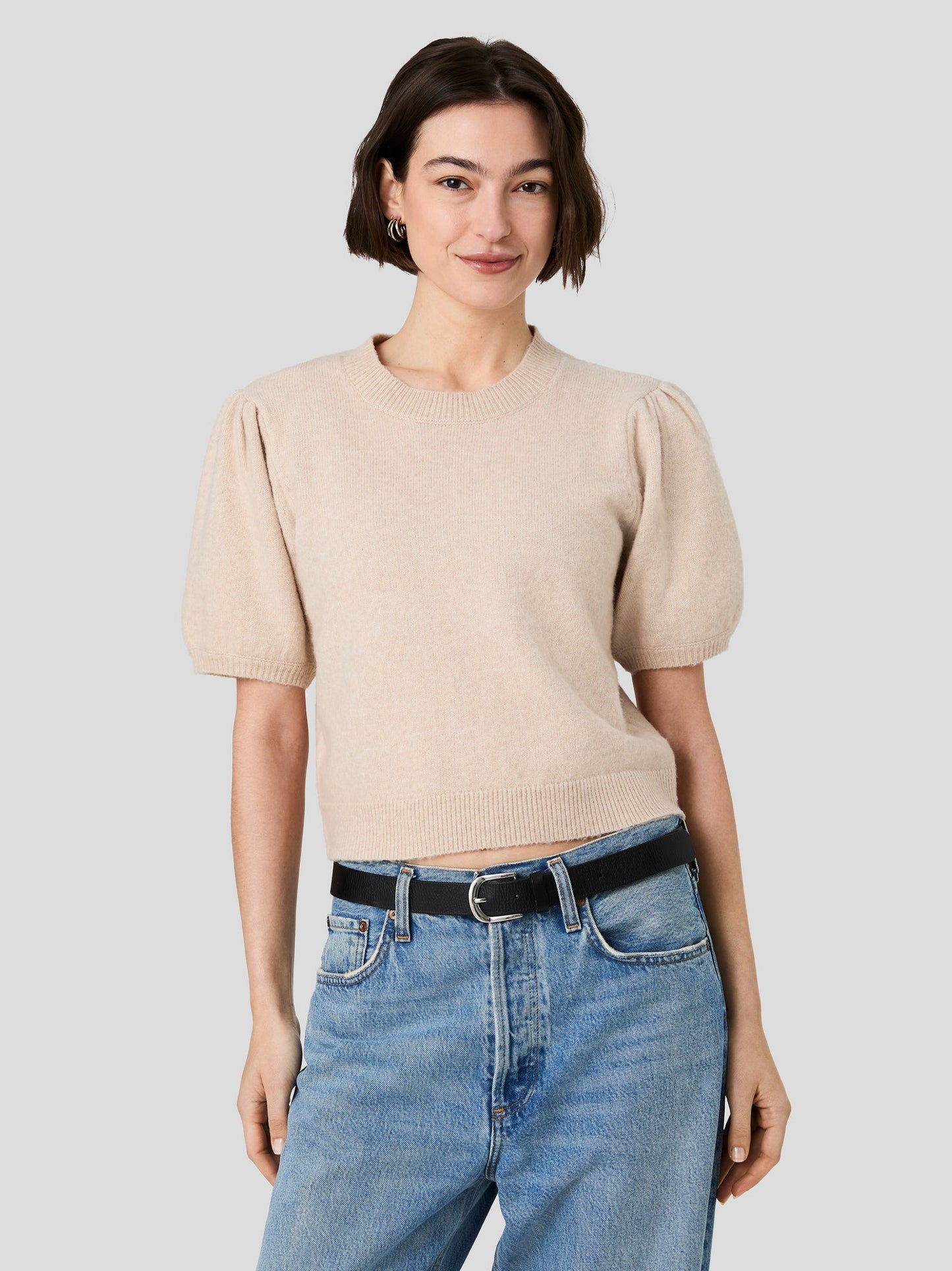 Yulia Knit Puff Sleeve Top- Oatmeal