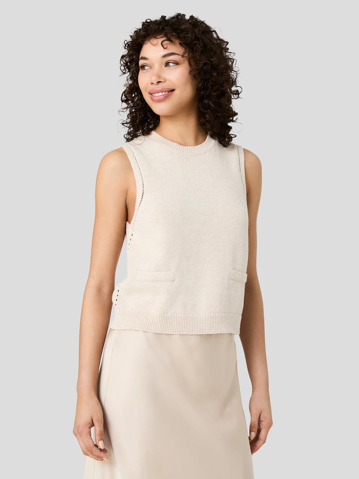 Sleeveless Pointelle Boarder Top- Oatmeal