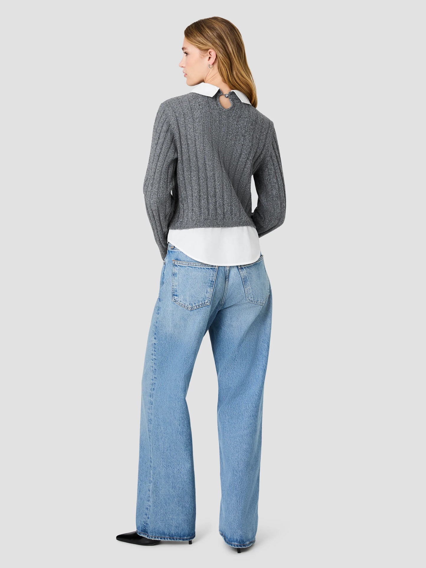 Aleyna Knit Combo Top- Stone Heather