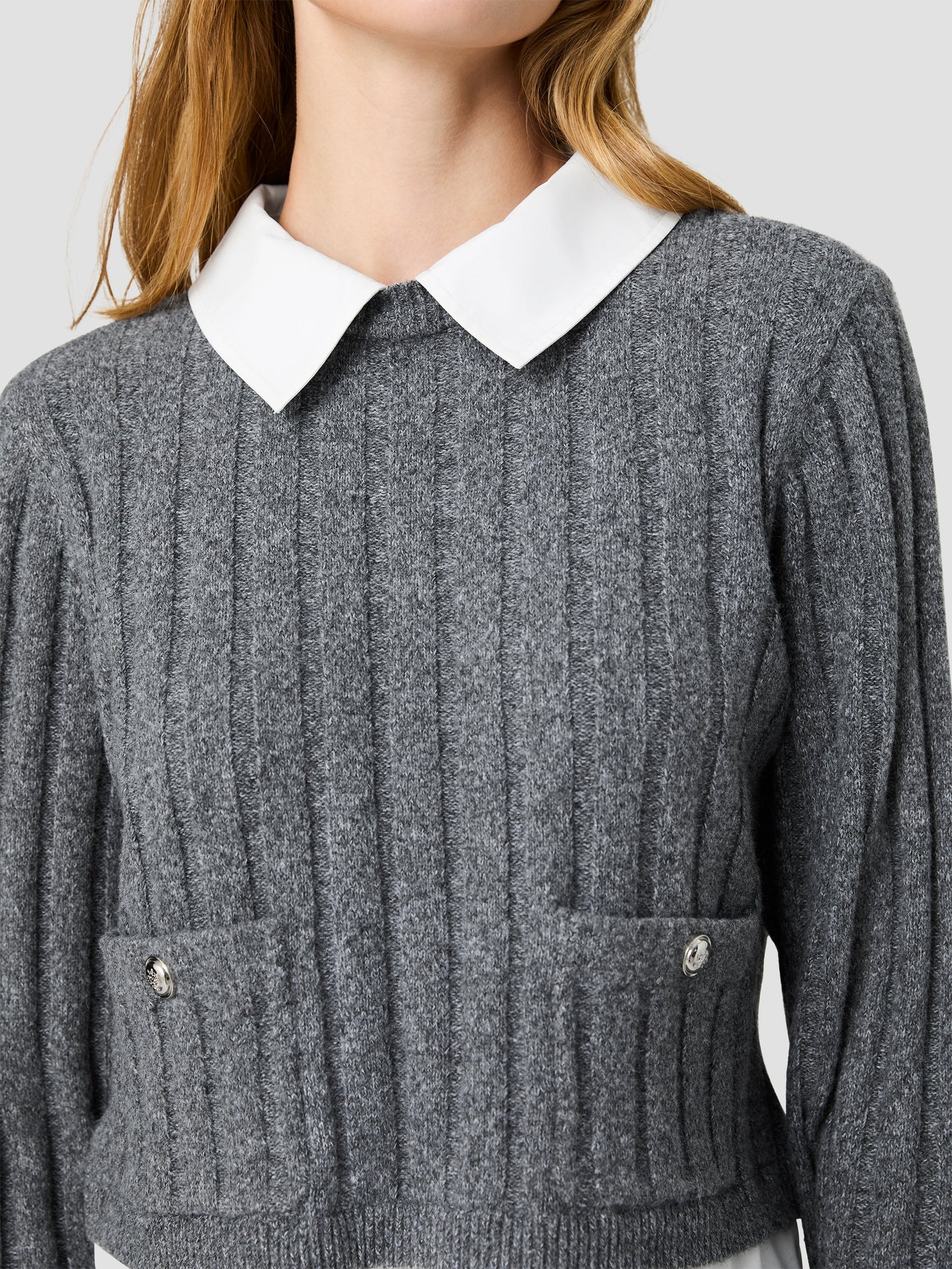 Aleyna Knit Combo Top- Stone Heather