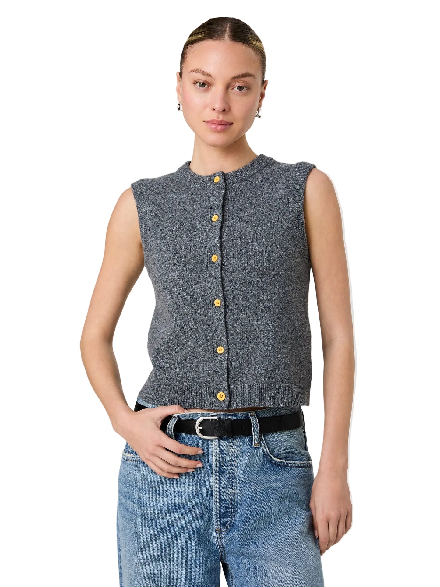 Aleyna Button Down Sleeve Top- Grey