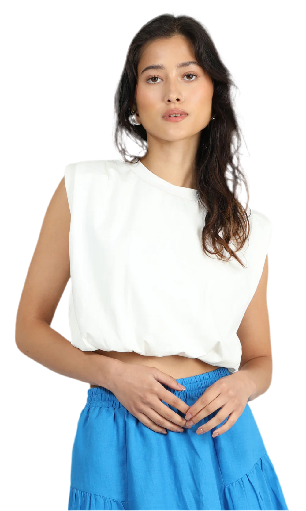 Alisa Padded Shoulder Jersey Bubble Top- White