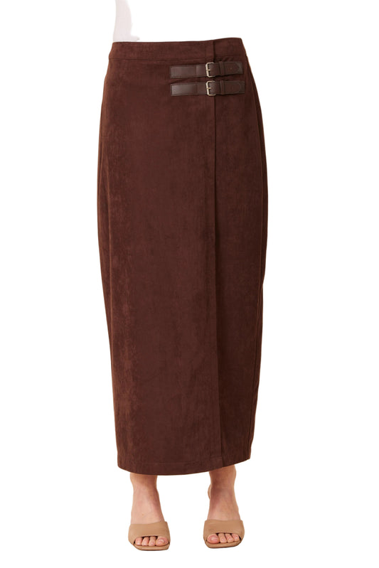 Faux Suede Side Buckle Midi Skirt in brown — front view with buckles