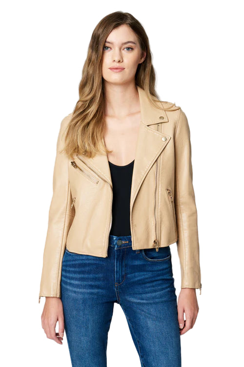 Natural Light Faux Leather Jacket front view, cropped vegan leather