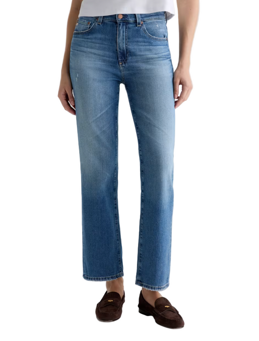 Front view of Brinley Mid Rise Straight Jeans – 16 Year Soaring – medium wash straight-leg jeans with mid-rise fit and AG-ed™ finish.