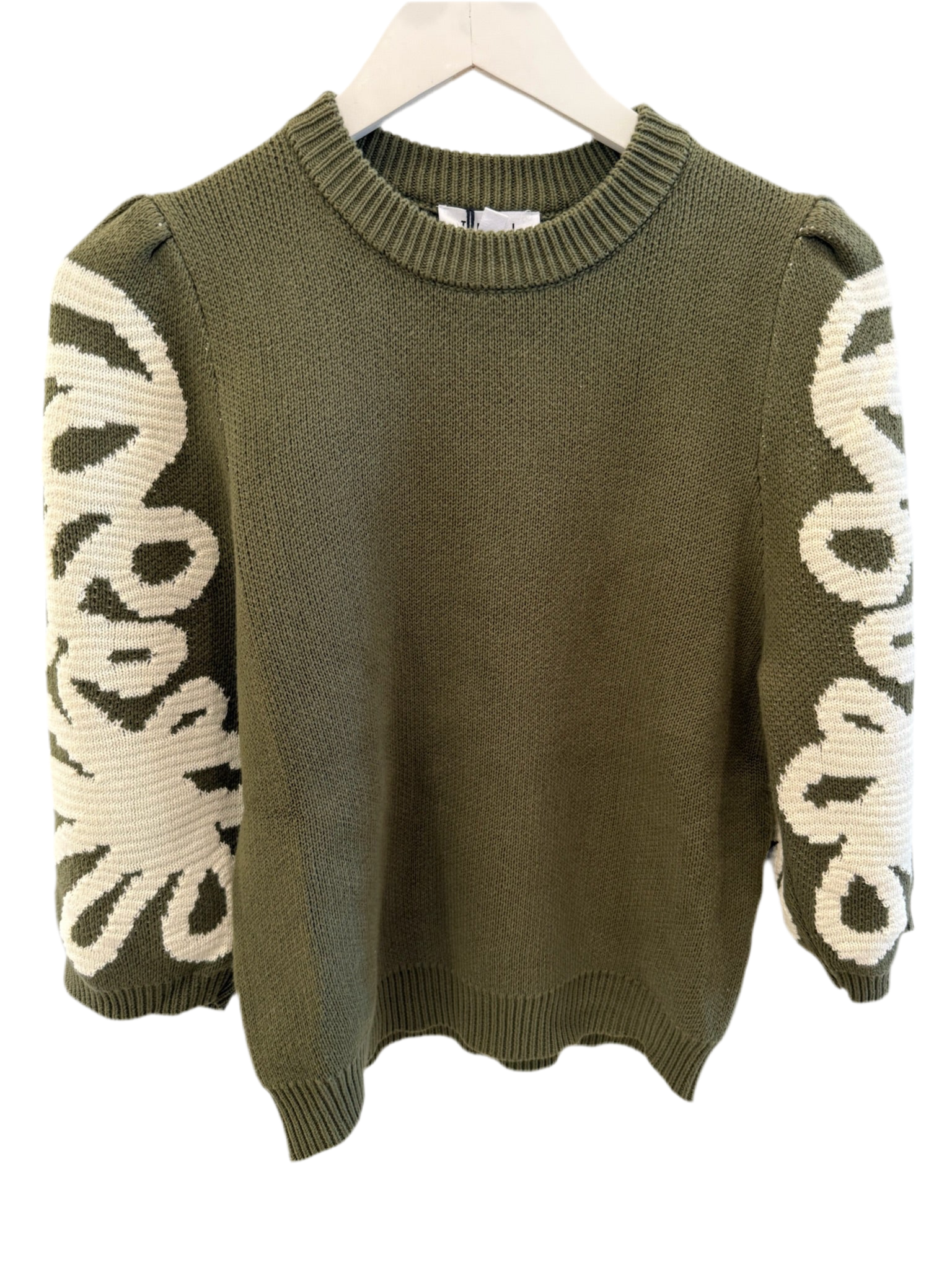Front view of Embroidered Sleeve Knit Top in Green – showcasing the embroidered sleeves and relaxed fit.